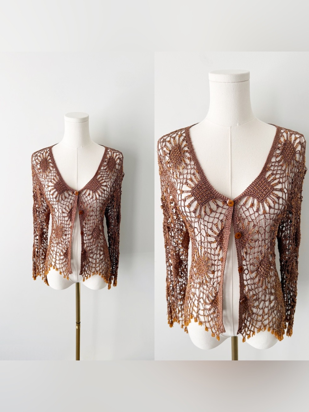 Vintage caramel crochet beaded asymmetrical cardigan.